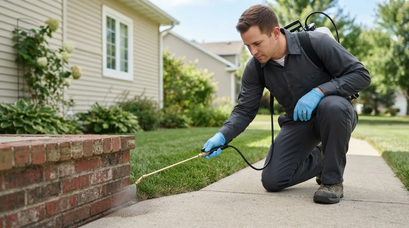 Pest control technician treating a home near Bruceville, TX